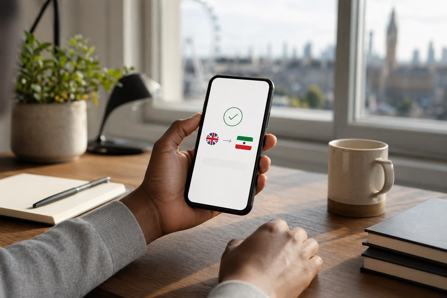 A Tiro transfer confirmation on a phone beside travel documents.