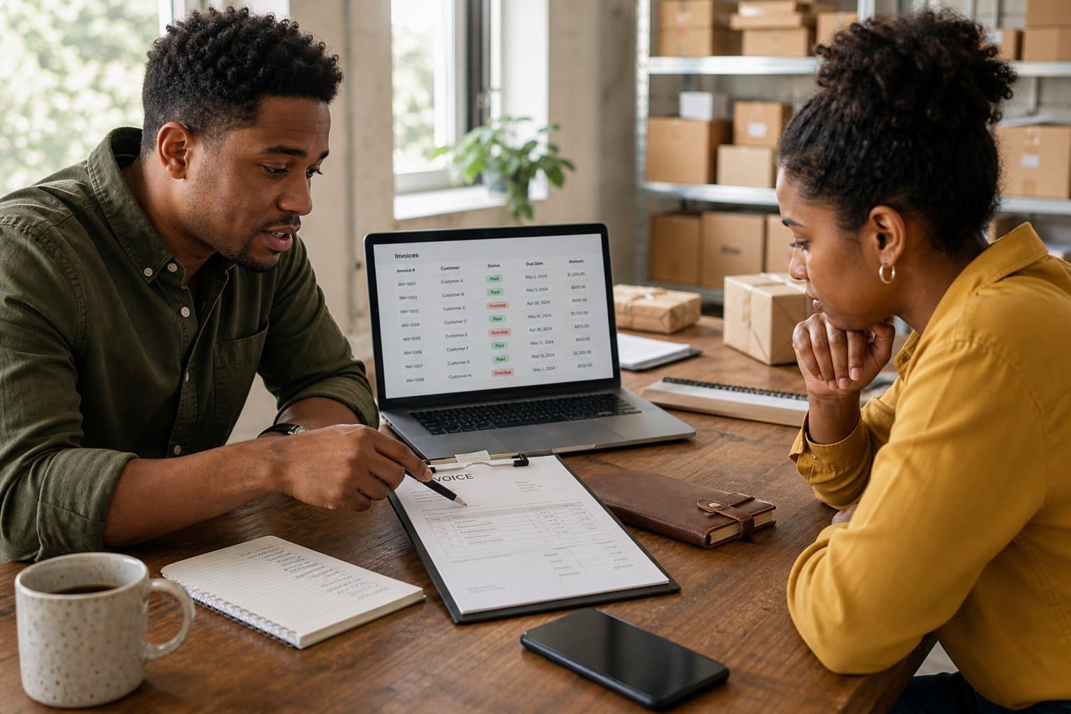 Small business owners reviewing invoices and payment details at a desk.